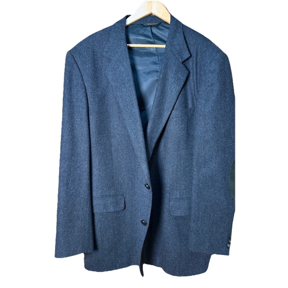 Hardwick Mens Blue Herringbone Wool Tweed Blazer w Elbow Patches 2 Button  46L